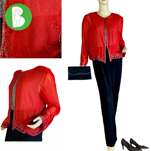 KRISHMA VINTAGE RED CHIFFON BEADED COVER TOP (M) - Picture 1 of 15